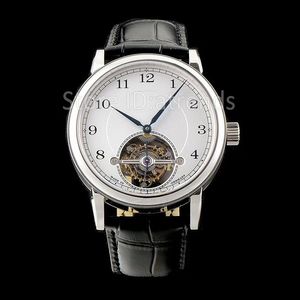 Top Stijlvol Mechanisch Handopwindbaar Horloge Heren Goud Zilver Wijzerplaat Saffierglas 41mm Klassiek True Tourbillon Horloge Casual Lederen Band Klok LS11