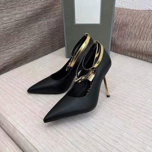 Top TF hangslot charmes 105 mm enkelband pumps schoenen zwart echt leer hoge hakken stiletto puntige tenen hakken nette schoen voor dames fabrieksschoenen