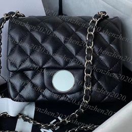 Qualité supérieure 18x12x6cm Mini sac à rabat carré en cuir véritable Caviar / peau d'agneau Sac à bandoulière classique Sac à main noir Sac à main Sacs de messager