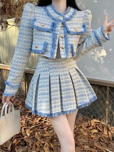 Bovenste tweedelige kleding van hoge kwaliteit Tassel Kleine geur Tweed 2 -delige set vrouwen korte jas jas rok sets Koreaanse mode zoete tweedelige pakken Spring Jacket Woman 87