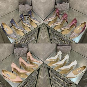 Femmes Mariage Jimmy Romy 85 Robe Chaussures Pompe Chaussures Romy Talons Hauts Glitter Strass Pointu Pop Pompes Sandale Maille Sandales Avec Boîte