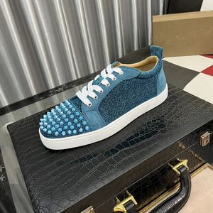 Versión superior de zapatos europeos para hombre, suela roja, caña baja, parte superior de cuero azul, zapatos casuales con tachuelas, zapatos de moda para hombre y mujer, horma original, talla 38-46