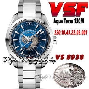 2022 VSF Aqua Terra 150M GMT Worldtimer 8938 automatisch herenhorloge 220.12.43.20.03.001 43 mm blauwe wijzerplaat SS + roestvrijstalen armband en kast Super Edition Eternity Watches