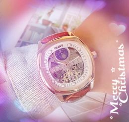 Top VK Montre mécanique chronographe pour homme 43 mm Boîtier en acier inoxydable Bracelet en cuir véritable Horloge carrée Lune Soleil Squelette Sports Business Suisse Montre-bracelet