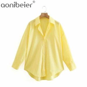 Top vrouw gele knop omhoog shirt vrouwen lange mouw lente kantoor blouse vrouwelijke asymmetrische zoom chic roze 210604