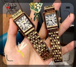 Top femmes Roman Tank Series montre en acier inoxydable bracelet en cuir or rose boîtier en argent date automatique horloge quartz carré visage aiguille lentille saphir montres-bracelets cadeaux