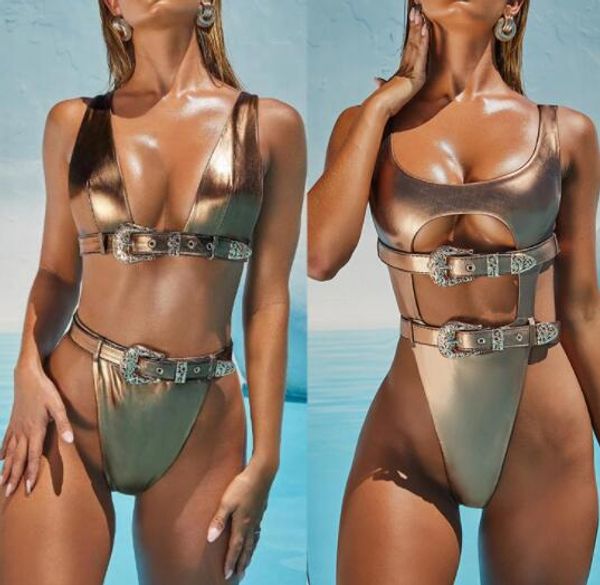 Traje de baño dividido para mujer, conjunto de bikini sexy con cinturón dorado, cintura alta, panel con estampado de leopardo, tela flash, chica, damas, yakuda, flexible y elegante