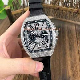 Top Yachting V45 Montre pour homme VK Mouvement à quartz Tonneau en acier inoxydable 316L Boîtier entièrement diamanté Saphir Cristal Bracelet en cuir Poignet222d