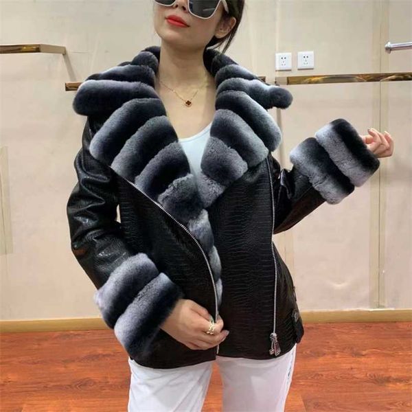 TOPFUR Real Rex Manteau De Fourrure De Lapin Véritable Veste De Fourrure En Cuir Brillant À Manches Détachables Femmes Gilet Gilet Slim Vestes Courtes 211018