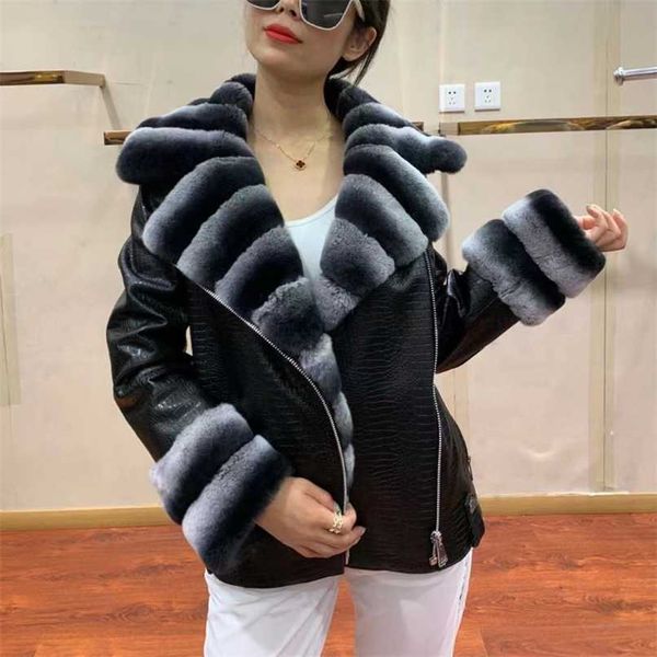 TOPFUR Real Rex Manteau De Fourrure De Lapin Véritable Veste De Fourrure En Cuir Brillant À Manches Détachables Femmes Gilet Gilet Slim Vestes Courtes 211019