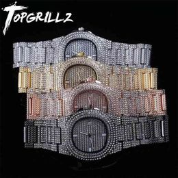 TOPGRILLZ Merk Iced Out Diamond Horloge Quartz Goud HIP HOP Horloges Met Micropave CZ Roestvrij Stalen Horloge Klok relogio 210325244J