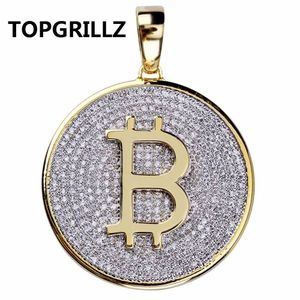 Topgrillz Goud Kleur Iced Out Ronde Micro Pave Full Cubic Zirkoon Grote Bitcoin Hanger Ketting Charme Voor Mannen Dames Hiphop Sieraden