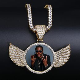 TOPGRILLZ GOLD CUSTOM MADE PO avec des ailes Collier Pendre 4 mm Chaîne de tennis Zircon Hip Hop Bijoux Hip Hop 240418