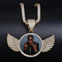 Topgrillz Gold Po personalizado con collar de medallones de alas colgantes de 4 mm de tenis cadena de tenis cúbico hombre hip hop joyería 240329