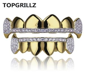 TOPGRILLZ Gouden Hip Hop Tanden Grillz Micro Pave Kubieke Zirkoon TopBottom Vampire Fangs Tanden Grills Set Holleween Cadeau Idee5636214