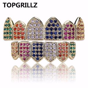 Topgrillz Goud / zilverkleur Grillz Multi-Color Micro Pave CZ Bling Cubic Zirconia Top Bottom Tanden Grillzs Hip Hop Grills