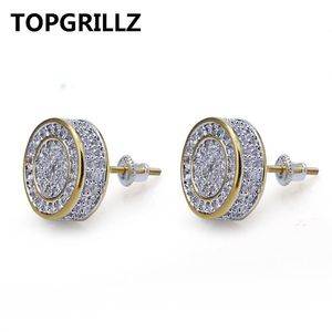 TOPGRILLZ – boucles d'oreilles rondes en Zircon cubique glacé, couleur or argent, avec boucle arrière à vis, bijoux Hip Hop pour hommes et femmes, cadeaux 2596