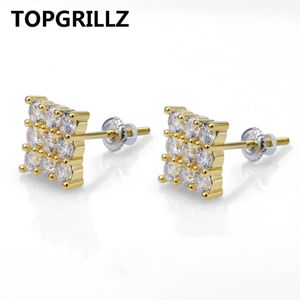 TOPGRILLZ Hip Hop 3 rangées cubique Zircon carré boucles d'oreilles hommes femmes bijoux or argent couleur CZ boucle d'oreille avec vis arrière boucle 223j