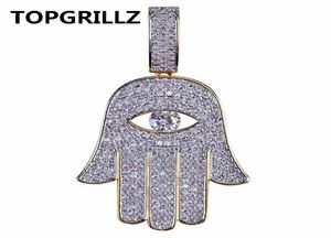 Topgrillz Hip Hop Fatima Hand Eye Pendant ketting Goudkleur Geplaatste micro Pave Cubic Zirconia Choker voor mannen Women Three Chains3689296