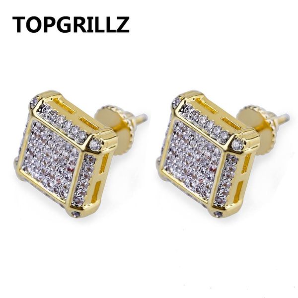 TOPGRILLZ Hip Hop Goud Kleur Iced Out Volledige Kubieke Zirkoon Vierkante Stud Oorbel Mannen Charm Sieraden Geschenken Met Schroef Terug Buckle309g