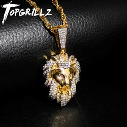 Topgrillz hip hop or couleur plaquée glacée iced out pave cubic zircon lion tête pendentif collier charme pour hommes bijoux cadeaux 201014 2739