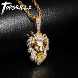 Topgrillz hip hop or couleur plaquée glacée iced out pave cubic zircon lion tête pendentif collier charme pour hommes bijoux cadeaux 201014 309d