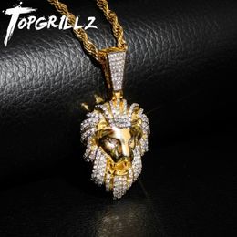 Topgrillz hip hop or couleur plaquée glacée iced out pave cubic zircon lion tête pendentif collier charme pour hommes bijoux cadeaux 201014209d