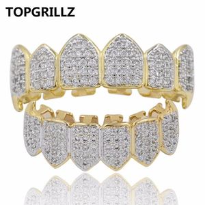 TOPGRILLZ Hip Hop GRILLZ Iced Out Zircon Fang Boca Dientes Grillz Caps Top Bottom Grill Set Hombres Mujeres Vampire Grills2560