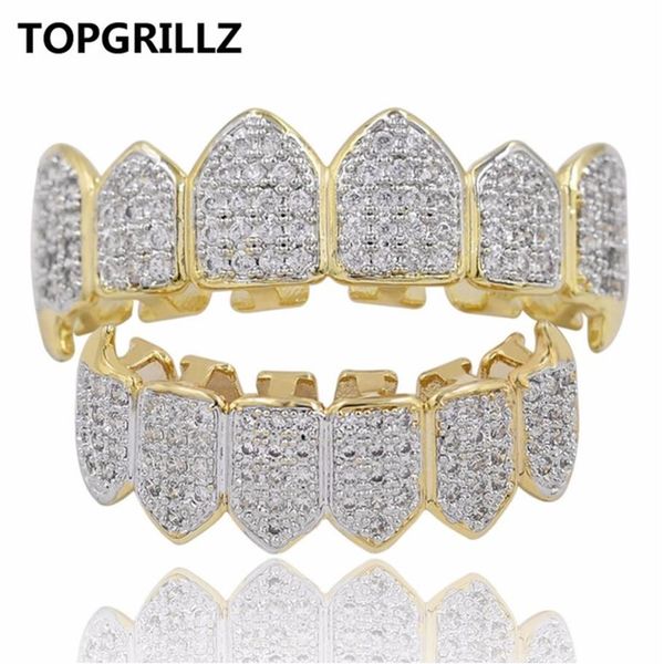 TOPGRILLZ Hip Hop GRILLZ Iced Out Zircon Fang Boca Dientes Grillz Caps Top Bottom Grill Set Hombres Mujeres Vampire Grills258e