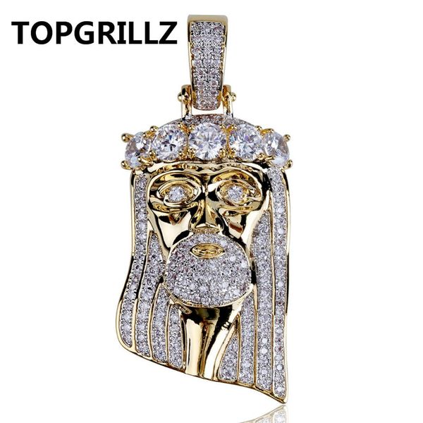 TOPGRILLZ Hip Hop Nueva Moda Color Oro Plateado Iced Out Big CZ Stone Enmascarado Jesús Cara Colgante Collar Cristal Con Tres Tipos