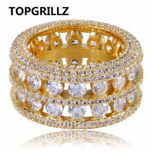 Topgrillz Hip Hop Ring Messing Goud Zilver Kleur Iced Out Micro Pave CZ 2 Row Grotger Breedte Ringen Charme voor Mannen Dames Geschenken Sieraden