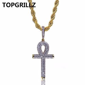 Topgrillz Hip Hop Rock ketting Goudkleur All Iced Out Micro Pave CZ Stone Ankh Cross Pendant kettingen met 60 cm touwketen284r