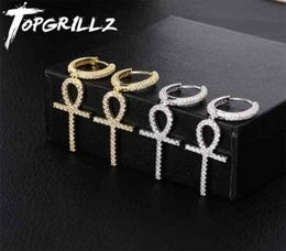 Topgrillz Zircon Iced Ankh Cross Earring Gold Silver Color Micro pavé AAA BLING CZ Boucles d'oreilles en pierre pour les femmes Bijoux Hip Hop 21687870