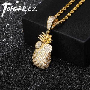 Topgrillz Heren Pineapple Shaped Hanger Ketting, Zirkoon Cubic Pebbles, 4mm Tennis Ketting en Cuba CZ, Hip-Hop Rock Sieraden Q0809