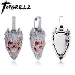 TOPGRILLZ Mens Evil Smile Skull Pendant Iced Out Cubic Zirconia Flower Eye Chapado en oro blanco Hip Hop Rock Jewelry para regalo X0509