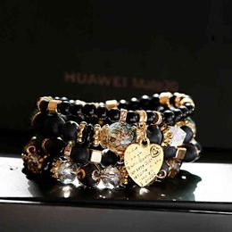 Tophanqi 4 stks / set Mode Goud Metalen Hart Kristal Kralen Zwarte Steen Beaded Armbanden Set voor Dames Boho Stijl Sieraden Geschenken