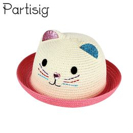 Topi Anak Musim Panas Gadis Panama Hat Kartun Kitty Jerami pour Lakilaki Bayi Sun Hip Hop 220611