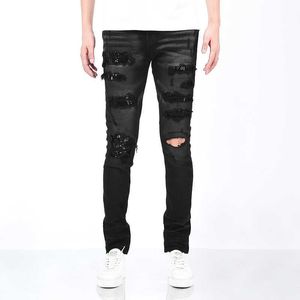 ToponAMIRI marque tendance taureau noir délavé usé paillettes brodées coupe ajustée jean américain pour hommes