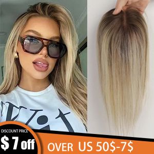 Toppers 100% Remy Human Hair Toppers Ombre lichtbruine blond middelste deel menselijke haarstukken voor vrouwen met dunner wordende haarclip in toppers