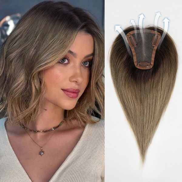 Toppers 100% Remy Human Hair Toppers ombre Brown Grey Hair Wigs Wigs Base Silk Base Clip Pieds dans l'extension des cheveux pour les femmes 10/12/14NCH