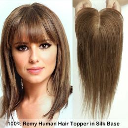 Toppers 100 % cheveux humains Remy avec frange marron miel pour femme, base en soie à clipser pour perte de cheveux clairsemés