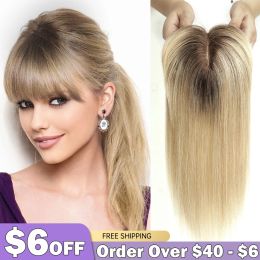 Toppers 100% Remy Human Hair Toppers with Bangs Platinum Blonde ombre Human Hair Pieds Fomen Fime Hair Hair Clip Base Clip in Toppers