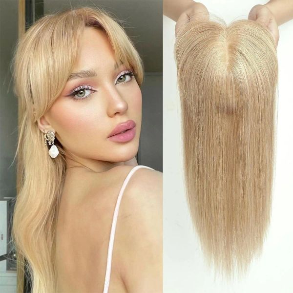 Toppers 100% Remy Human Hair Toppers with Bangs Honey Blonde Hair Pieces Clip de base en soie dans les poils de haut haut pour femmes avec des cheveux éclaircissants