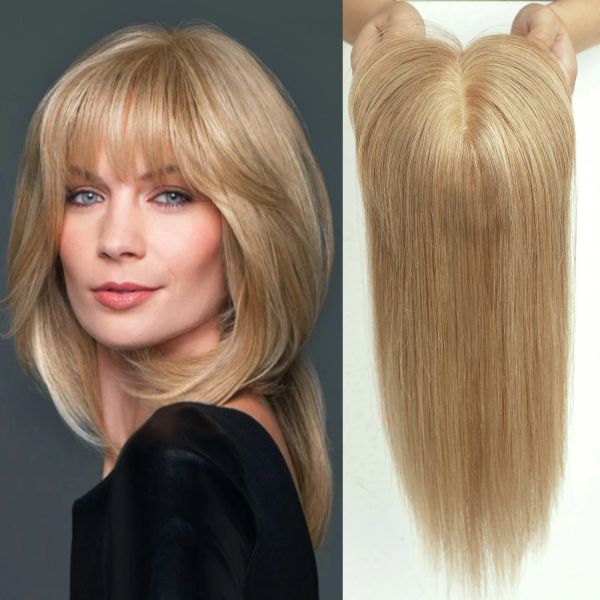 Toppers 100% Remy Human Hair Toppers with Bangs Honey Blonde Human Hair Piece Base Clip Base in Topper Top Hair for Women 10/11 / 14inch