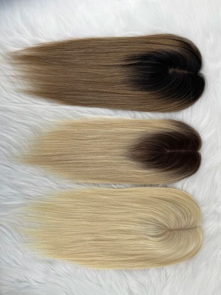 Toppers #60 Toupee con base de piel de seda de dos tonos Ombre con 3 clips en extensiones de cabello humano brasileño Mujeres Topper Postizos Flequillo con flecos