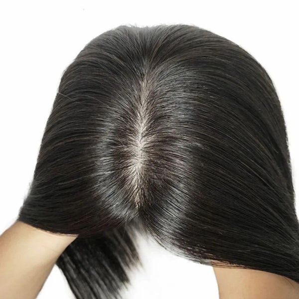 Toppers 6x6 pouces Base de peau de soie injectée cheveux humains femmes Topper vierge européenne cheveux toupet Clips dans postiche cuir chevelu naturel haut