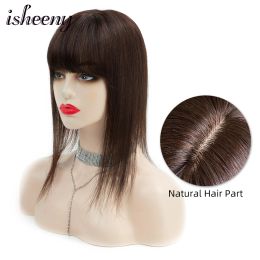 Toppers de liquidación de cabello humano, adorno marrón de 8 "18" para mujer con flequillo, Clip de parte media de 13x13cm en el cabello, Base de trama hecha a máquina