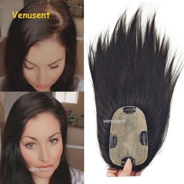 Toppers Clip dans les cheveux humains Topper pour les femmes 9x14 cm européen Remy cheveux humains toupet 18 pouces postiches à Base de soie pour la perte de cheveux cuir chevelu haut