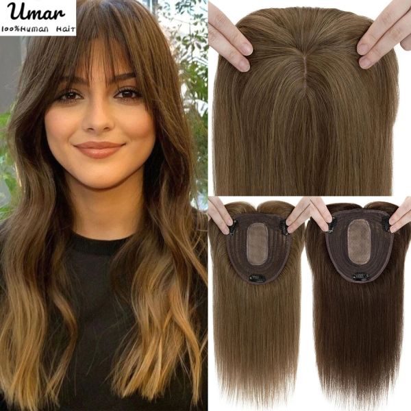 Adornos para el cabello con flequillo para mujer, pelucas de cabello humano 100% con Clip en postizos, pelo liso Natural rubio, Base de seda de 35cm