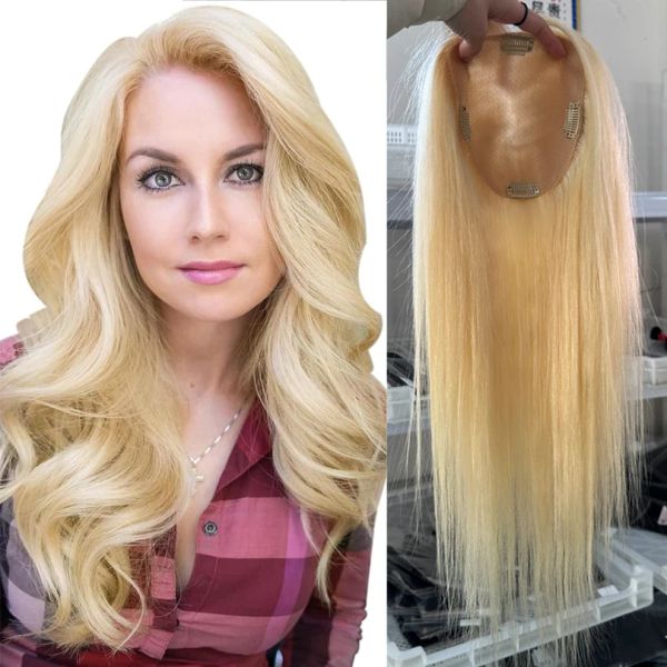 Toppers Human Hair Toppers pour femmes Blonde ondulée 15 * 16cm Base de soie sans frange